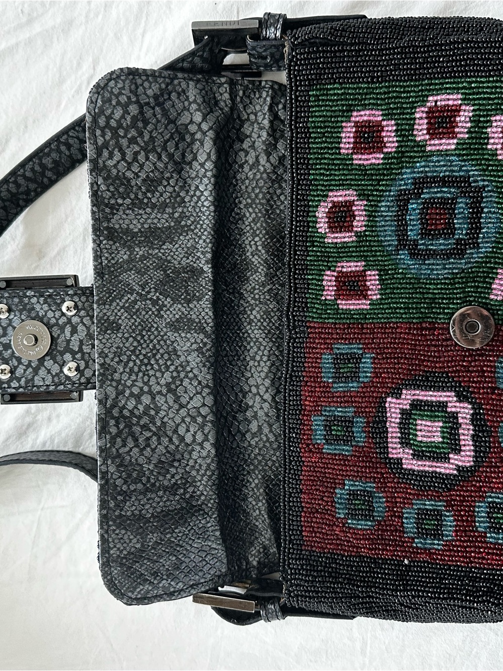 SOLD ❤️ Fendi Zucca FF Lizard-Trim Beaded Baguette - Picture 9 of 16